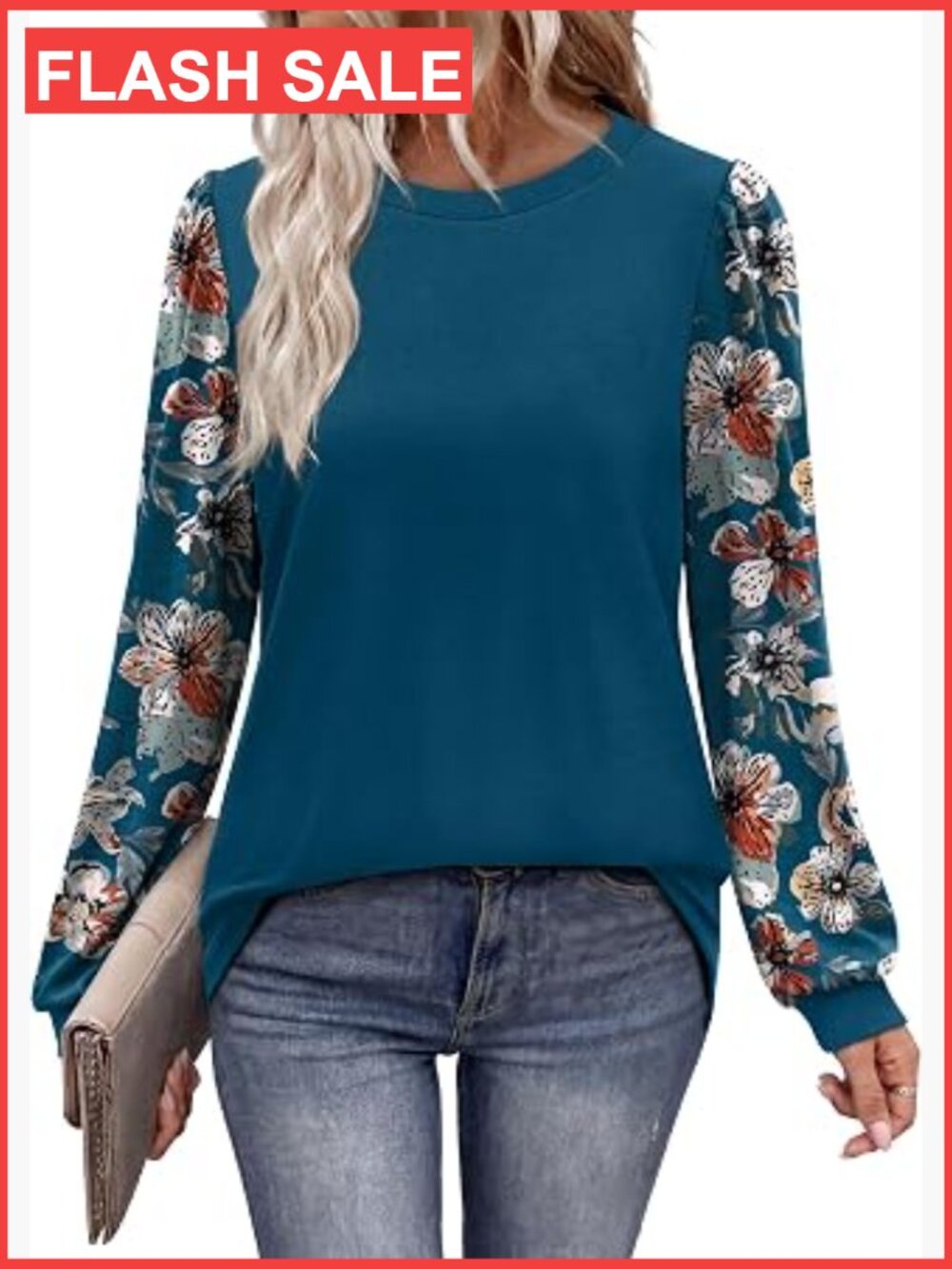 Women's Long Sleeve Color Block Tee with Puff Sleeves - Fall Trendy